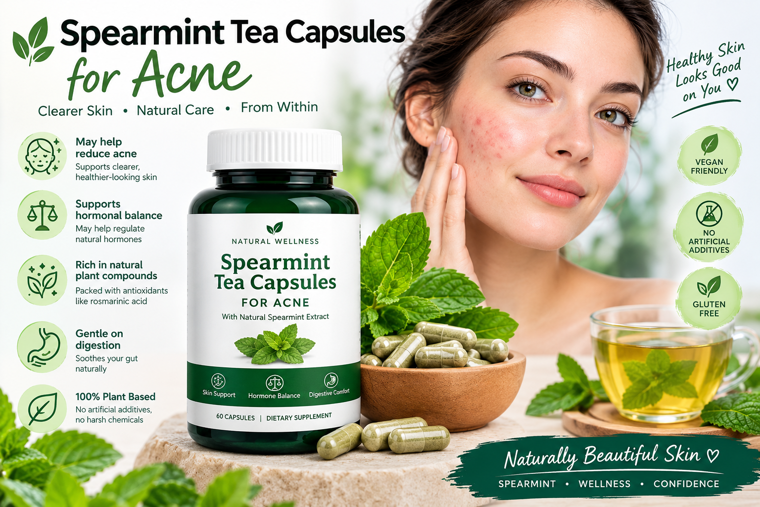 Spearmint tea capsules, mint leaves, tea, and general product benefit callouts